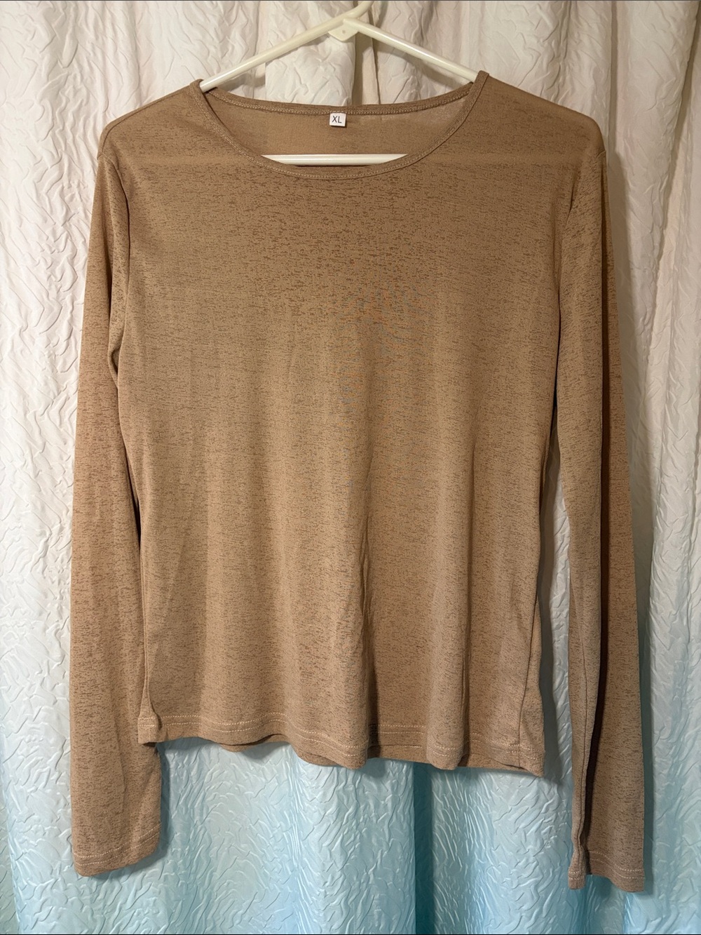 Semi-Sheer Lightweight Crewneck Long-Sleeve Top - Tan